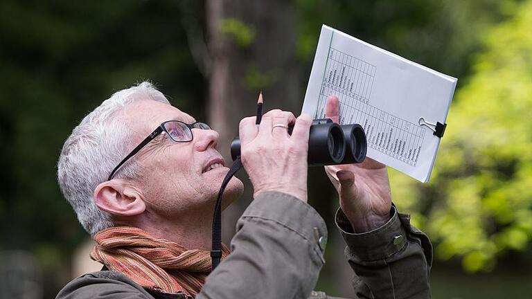 Vogelspaziergang mit dem NABU       -  Hobby-Ornithologe Folke Damminger beobachtet mit einem Fernglas, einer Vogelliste und einem Stift in der Hand Vögel in einem Baum.