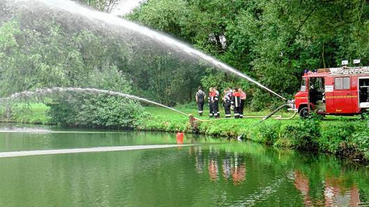 Zu einem nicht alltäglichen Einsatz wurden am Montag kurz nach 16.00 Uhr die Feuerwehren aus Knetzgau und allen Ortsteilen alarmiert. Der Wörthsee hatte zu wenig Sauerstoff, so das sogar schon vereinzelt tote Fische gefunden wurden.
