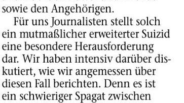 Spagat. Standpunkt Michael Reinhard vom 1.10.2016, Main-Post, Titelseiten       -  Dass die angemessene Berichterstattung über eine Familien-Tragödie einen 'schwierigen Spagat' dargestellt hat, erklärt Chefredakteur Michael Reinhard bei einer Veröffentlichung auf dem Zeitungstitel. Er macht eine redaktionelle Entscheidung damit anschaulich transparent. Das lädt die Leserschaft ein, die getroffene Entscheidung selbst zu bewerten.