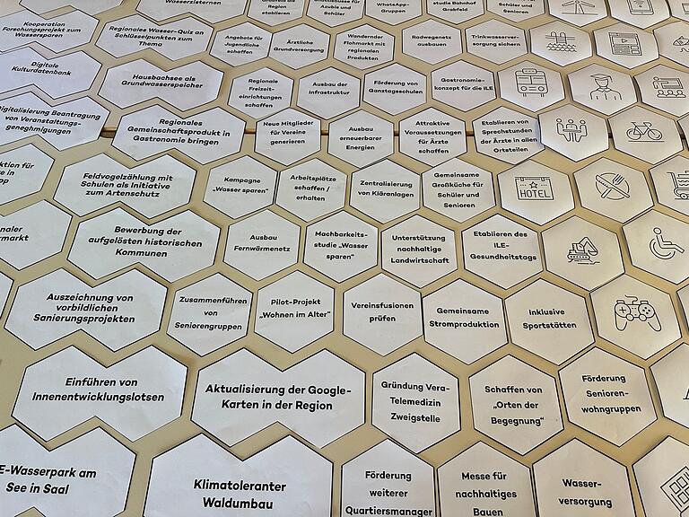 In Bienenwabenform lagen die verschiedenen Vorschläge des beauftragten Büros vor, die dann den jeweiligen Themenbereichen zugeordnet werden konnten. In Bienenwabenform lagen die verschiedenen Vorschläge des beauftragten Büros vor, die dann den jeweiligen Themenbereichen zugeordnet werden konnten.