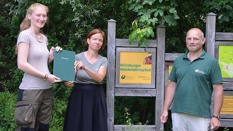 Anhand der Bachelorarbeit von Sophia Wirbelauer (links) wird der Würzburger Walderlebnispfad im Guttenberger Forst um- und ausgebaut. Sie übergab ihre Arbeit vor Ort an Antje Julke (ALEF) und Michael Grimm (Forstbetriebs Arnstein der bayerischen Staatsforsten). Anhand der Bachelorarbeit von Sophia Wirbelauer (links) wird der Würzburger Walderlebnispfad im Guttenberger Forst um- und ausgebaut. Sie übergab ihre Arbeit vor Ort an Antje Julke (ALEF) und Michael Grimm (Forstbetriebs Arnstein der bayerischen Staatsforsten).