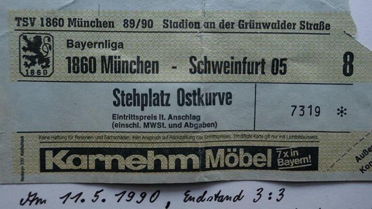 Ehrenplatz im Ticket-Album von Jürgen Moritz: die Eintrittskarte des Spiels zwischen dem TSV 1860 München und dem FC 05 Schweinfurt vom 11. Mai 1990.