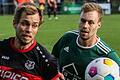 Philipp Haug (links) vom TSV Lengfeld und Niklas Zahn vom TSV Pflaumheim im direkten Duell. Am letzten Spieltag stehen sich Pflaumheim und Lengfeld in der Fußball-Bezirksliga West gegenüber. Vor allem vom Ausgang dieser Partie hängen die Platzierungen in der Abschlusstabelle ab.
