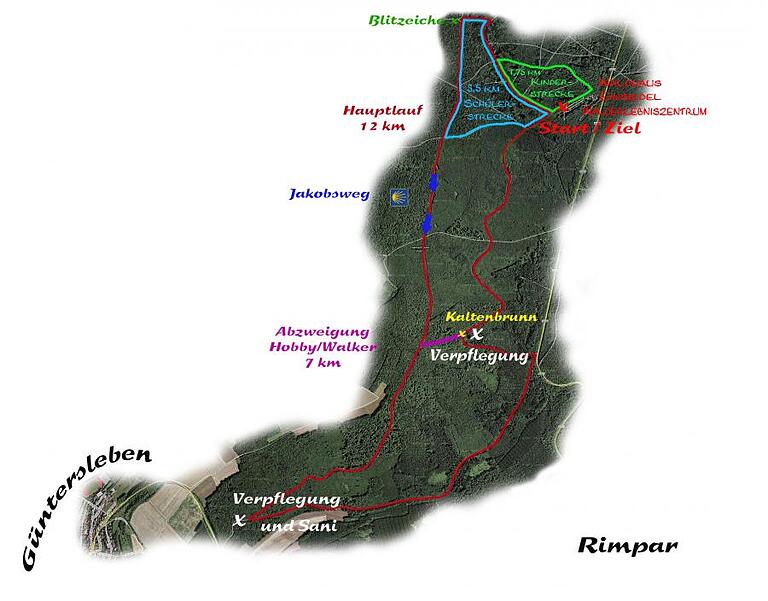 Die verschiedenen Wegstrecken des Einsiedel-Waldlaufes im Gramschatzer Wald. Start und Ziel ist jeweils am Walderlebniszentrum Einsiedel (rechts oben). Die verschiedenen Wegstrecken des Einsiedel-Waldlaufes im Gramschatzer Wald. Start und Ziel ist jeweils am Walderlebniszentrum Einsiedel (rechts oben).