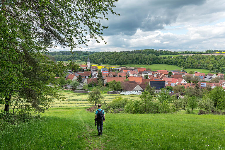 Wandernd unterwegs auf der 8,1 Kilometer langen Traumrunde Geiselwind im Landkreis Kitzingen. Rund 70 Prozent der Tour verlaufen auf naturnahen Pfaden. Blick auf Ebersbrunn. Wandernd unterwegs auf der 8,1 Kilometer langen Traumrunde Geiselwind im Landkreis Kitzingen. Rund 70 Prozent der Tour verlaufen auf naturnahen Pfaden. Blick auf Ebersbrunn.