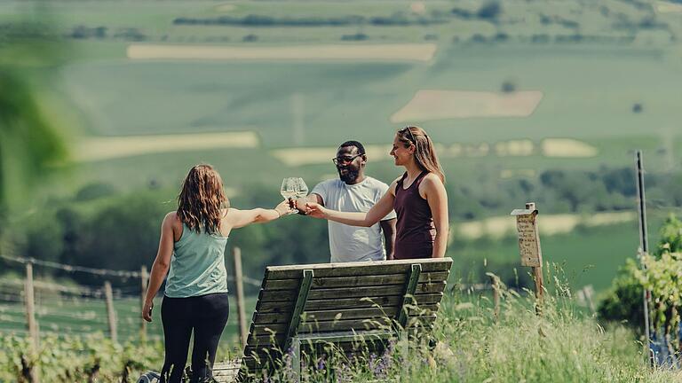 Weinliebhaberinnen und Weinliebhaber genießen gemeinsam ein Glas Wein mit der Aussicht ins Tal. Die Region hat mit den drei Anbaugebieten viel zu bieten. Weinliebhaberinnen und Weinliebhaber genießen gemeinsam ein Glas Wein mit der Aussicht ins Tal. Die Region hat mit den drei Anbaugebieten viel zu bieten.