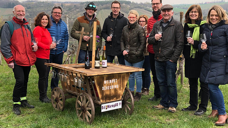 In den Weinbergen (von links): Günter Thein (Veitshöchheim, KV Grüne WÜ Land, Kerstin Celina (Kürnach, MdL), Gerhard Müller (Gerbrunn, Bezirksrat), Florian Schäfer, Thomas Schenk, Ilonka Scheuring, Charlotte Schubert, Sven Winzenhörlein (Höchberg, Vorsitzender KV Grüne WÜ Land), Martin Häusling (MdEP), Karen Heußner (Thüngersheim, KV Grüne Wü Land, Fraktionsvorsitzende im Kreistag) und Jessica Hecht (Zell, KV Grüne Wü Land)