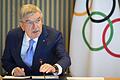 Thomas Bach, der Präsident des Internationalen Olympischen Komitees, spricht bei der Eröffnung der Sitzung der Exekutive des Internationalen Olympischen Komitees (IOC) am 23. März im Olympischen Haus in Lausanne.&nbsp;