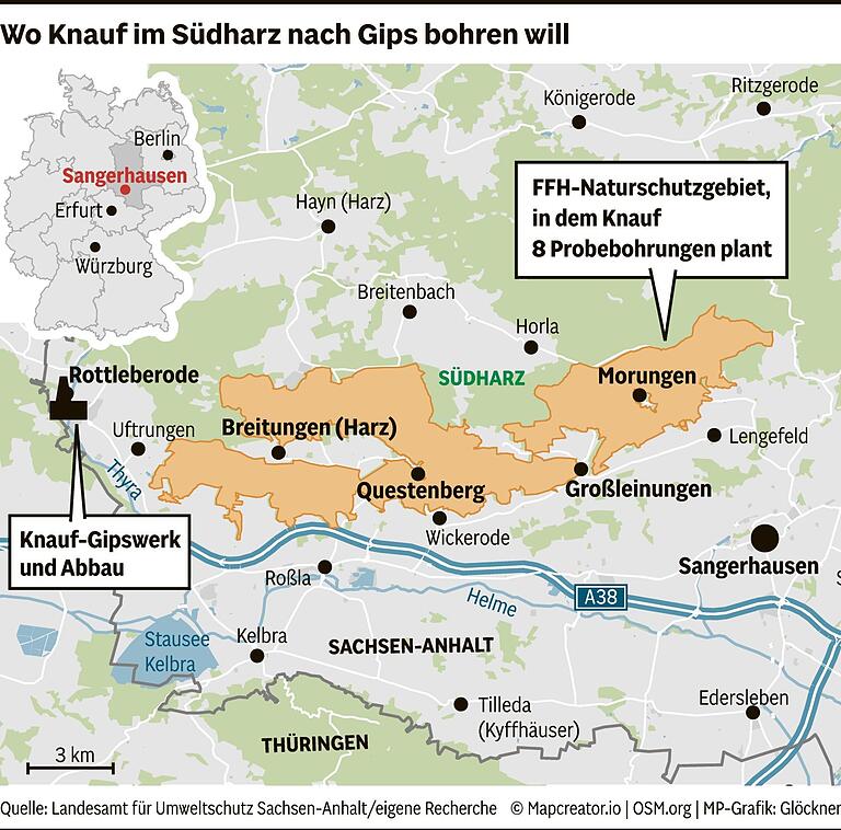 Im Südharz wie in Unterfranken: Wo Knauf nach Gips sucht und mit Bohrungen für Protest sorgt