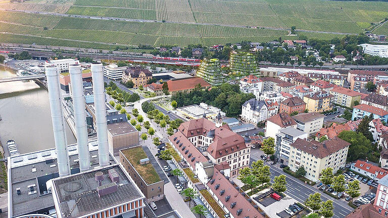 Im Hintergrund erhebt sich geplante Wohnbebauung, davor erstreckt sich das Dach der Frankenhalle. Foto-Simulation: Grünes Stadttor Würzburg GmbH&nbsp;