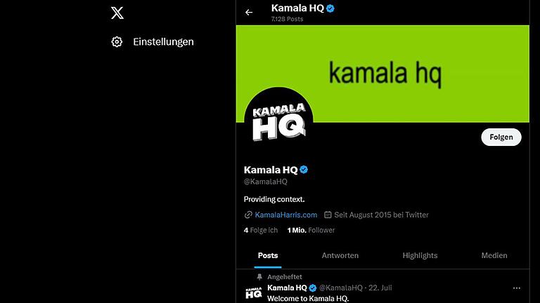 Wahlkampf-Account Kamala Harris auf X       -  Inspiriert von Charli XCX: Wahlkampf-Account von Kamala Harris auf X mit grünem Logo.