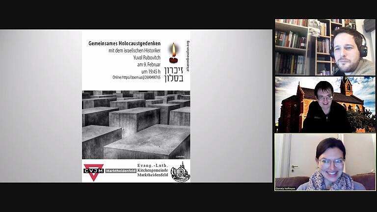 Die evangelisch-lutherische Kirchengemeinde Marktheidenfeld und der CVJM Marktheidenfeld hatten letzte Woche einen Holocaustgedenkabend für junge Leute mit dem israelischen Historiker Yuval Rubovitch organisiert. Screenshot von Michael Rummel, mit den Verantwortlichen des Abends: (von oben) Yuval Rubovitch, Vikar Michael Rummel und Daniela Hoffmann.