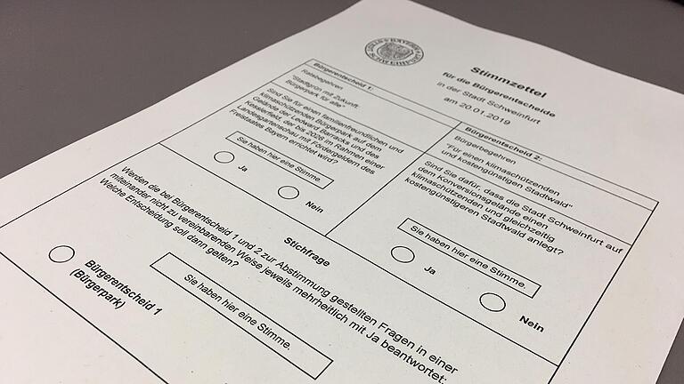 So sieht der Stimmzettel aus, auf dem die Schweinfurter am 20. Januar 2019 abstimmen können, ob sie einen Bürgerpark wollen, der im Rahmen der Landesgartenschau eingerichtet wird, oder einen Stadtwald.