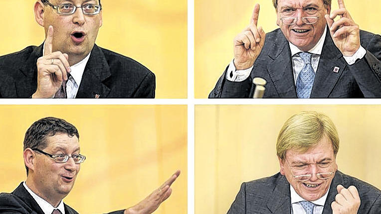 Kopf-an-Kopf-Rennen: Hessens Ministerpräsident Volker Bouffier (CDU) und SPD-Spitzenkandidat Thorsten Schäfer-Gümbel (links). Kopf-an-Kopf-Rennen: Hessens Ministerpräsident Volker Bouffier (CDU) und SPD-Spitzenkandidat Thorsten Schäfer-Gümbel (links).