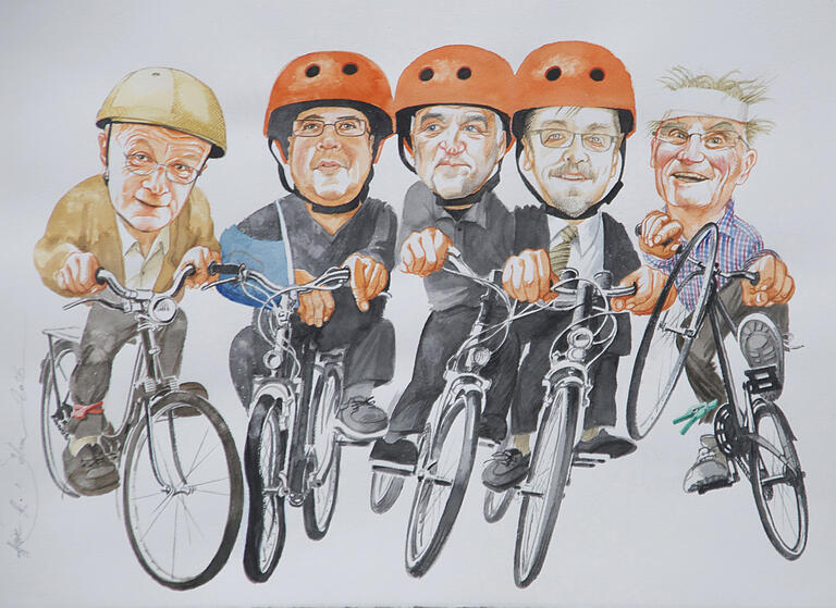 Eine Karikatur von Heinz A. Böhm: links Georg Lippert, Theaterleiter Christian Kreppel, Tagblatt-Redakteur Hannes Helferich, Diakoniechef Jochen Keßler-Rosa und der verstorbene Pfarrer Roland Breitenbach. Eine Karikatur von Heinz A. Böhm: links Georg Lippert, Theaterleiter Christian Kreppel, Tagblatt-Redakteur Hannes Helferich, Diakoniechef Jochen Keßler-Rosa und der verstorbene Pfarrer Roland Breitenbach.