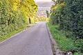 Blick von oben nach unten auf den 3,10 Meter breiten asphaltierten Feldweg (links befindet sich an der Lücke im Heckenbereich der Eingang zum Grillplatz, darunter ein öffentlicher Parkplatz mit sieben Plätzen). Kritisch wird die Durchfahrt für Traktoren, Rettungs- und Feuerwehrfahrzeuge, wenn auf dem Grünstreifen links Autos parken und noch 1,20 Meter der Fahrbahn belegen.