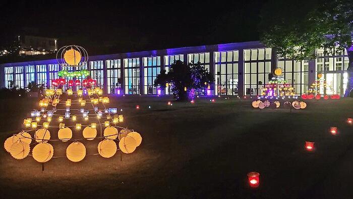 Ideal positioniert auf dem rechteckigen Rasenparterre hinter der Wandelhalle standen drei große Lichterkronen.       -  Ideal positioniert auf dem rechteckigen Rasenparterre hinter der Wandelhalle standen drei große Lichterkronen.