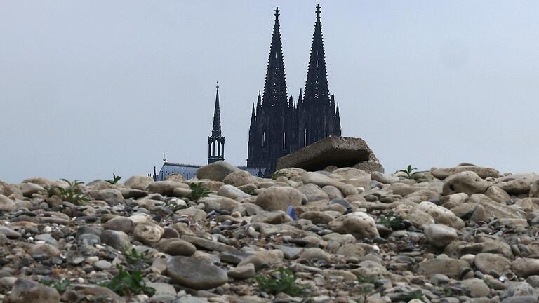 Der Kölner Dom ragt hinter Steinen im ausgetrockneten Flussbett des Rheins empor (Archivaufnahme von August). Steinig ist der Weg auch in juristischen Angelegenheiten im Erzbistum. Der Kölner Dom ragt hinter Steinen im ausgetrockneten Flussbett des Rheins empor (Archivaufnahme von August). Steinig ist der Weg auch in juristischen Angelegenheiten im Erzbistum. 