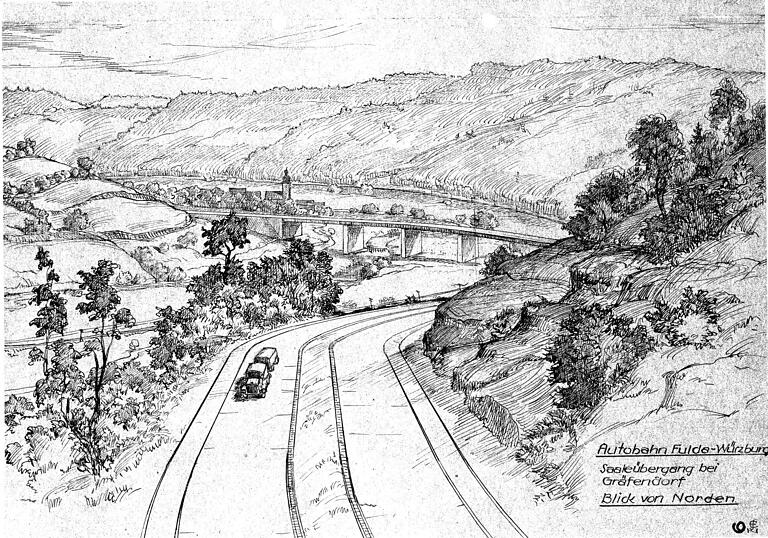 Perspektivische Zeichnung des geplanten Streckenverlaufs am Gräfendorfer Hang mit Blick auf Schonderfeld und der Brücke über die Fränkische Saale (Bauwerk 144)