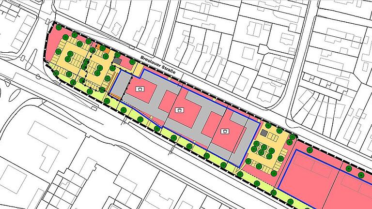 Ein Auszug aus dem Bebauungsplan  Breslauer Straße. Zu erkennen ist der Grundriss der drei Wohngebäude mit Innenhöfen, Grünflächen und Parkplätzen davor vor.