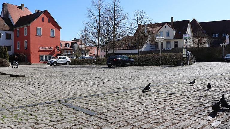 Die Stadt im Lockdown: Im Kitzinger Schwalbenhof, sonst ein beliebter Parkplatz, können sich Ende März 2020 ungestört die Tauben entfalten.