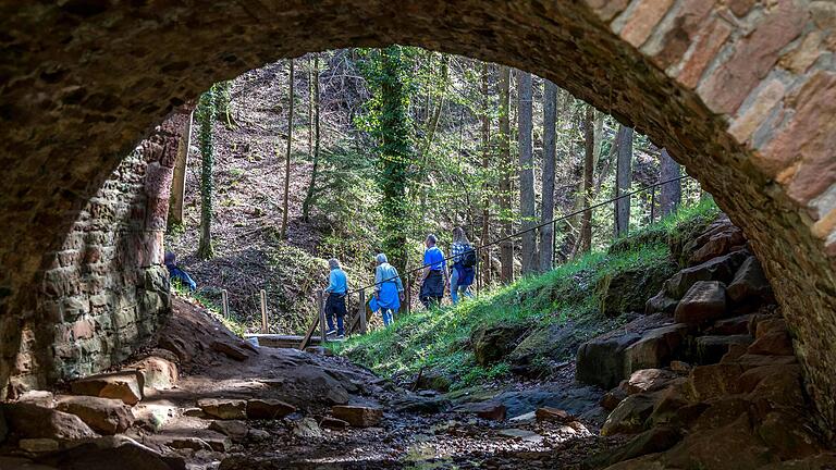 Unterwegs auf dem Europäischen Kulturweg 'Vom Ton, Steinen und Scherben' in Klingenberg.&nbsp; Am Ende der Seltenbachschlucht verläuft der Weg in eine Stichstraße, die unter dieser Brücke Richtung Rastplatz 'Altes Mundloch' führt. Das Mundloch war der Eingang zum Untertagebau.