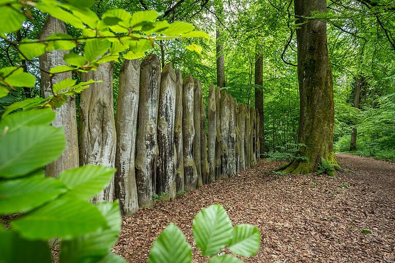 Nachbau einer großen Limespalisade auf dem Marspfad im Odenwald.