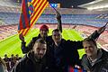 Das Ziel der Begierde, ein Platz auf der Tribüne im Fußballstadion Camp Nou in Barcelona. (Von links): Tobias Göpfert (vorne), Thomas Kalkmann, Robin und Sebastian Dieterich.