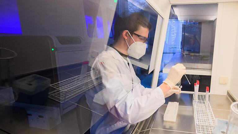 Ein Labormitarbeiter bereitet PCR-Tests von Patienten auf die PCR-Analyse vor (Symbolbild). 230 Neuinfektionen mit dem Coronavirus hat das Gesundheitsamt Haßberge am Freitag gemeldet. Ein Labormitarbeiter bereitet PCR-Tests von Patienten auf die PCR-Analyse vor (Symbolbild). 230 Neuinfektionen mit dem Coronavirus hat das Gesundheitsamt Haßberge am Freitag gemeldet.