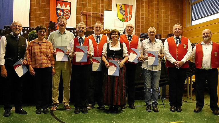 Ehrennadeln für treue Hambacher Musiker. Im Blickpunkt standen Doppel-Jubilar Günter Fuchs (von links), Renate Feuerbach (Nordbayerischer Musikbund), die Jubilare Günter Storch, Berthold Weidinger, Winfried Faulhaber, Hannelore Ruppert, Andreas Weske, Helmut Morschett, Roland Lindner sowie Günter Ziegler.