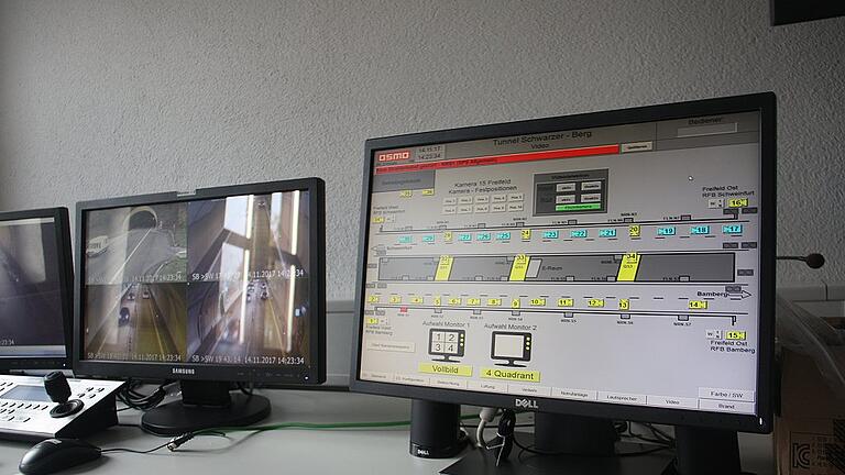 Auf den Bildschirmen des Überwachungsplatzes in der Autobahnmeisterei Knetzgau lassen sich die Kameras im Tunnel sowie die technischen Anlagen steuern.