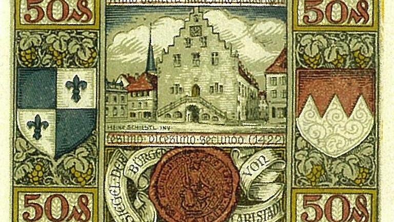 Das Notgeld der Stadt Karlstadt im Wert von 50 Pfennig,&nbsp; gestaltet von Heinz Schiestl. Der Geldschein zeigt das Alte Rathaus.