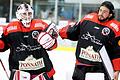 Haßfurts Schlussmann Nicolas Hetzel (links, rechts sein Stellvertreter Luca Feitl) feierte mit dem ESC zwar einen 6:2-Sieg gegen den EHC Bayreuth, doch blieb ihm der erste Erfolg ohne Gegentor verwehrt.&nbsp;