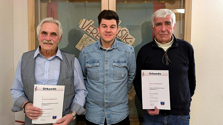1. Vorsitzender Philipp Lurz (Mitte) freute sich mit den Jubilaren: Lothar Behr (rechts) wurde für 50 Jahre Mitgliedschaft geehrt, Gerhard Kieslich (links) für 60 Jahre. 1. Vorsitzender Philipp Lurz (Mitte) freute sich mit den Jubilaren: Lothar Behr (rechts) wurde für 50 Jahre Mitgliedschaft geehrt, Gerhard Kieslich (links) für 60 Jahre.
