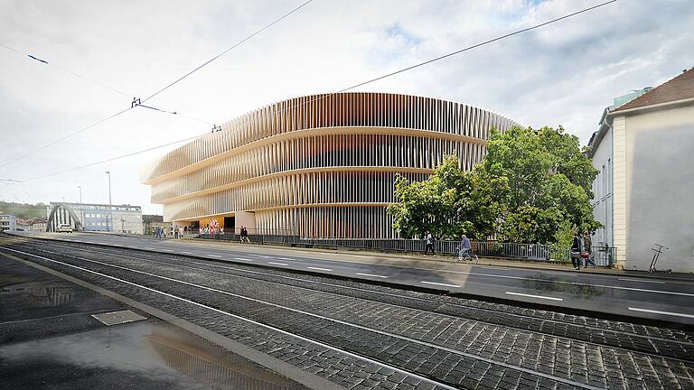 Eine Visualisierung der geplanten Multifunktionsarena östlich der Grombühlbrücke in Würzburg.