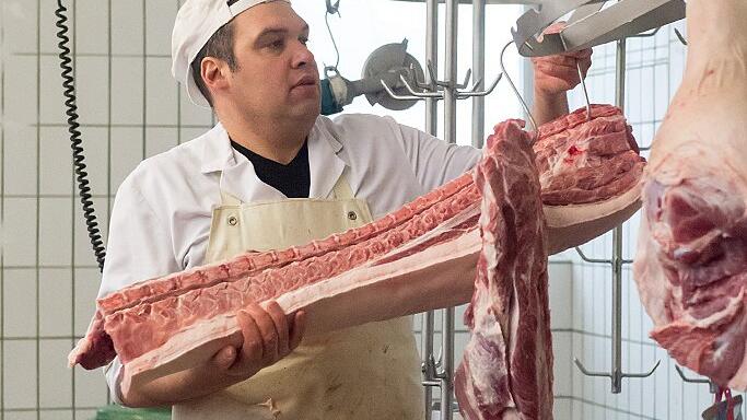 Aus dem Tier wird Ware. Metzgermeister Thomas Hemmerich hängt die bereits vorportionierten Schweinehälften auf. Wenig später wird mit der Verarbeitung begonnen.