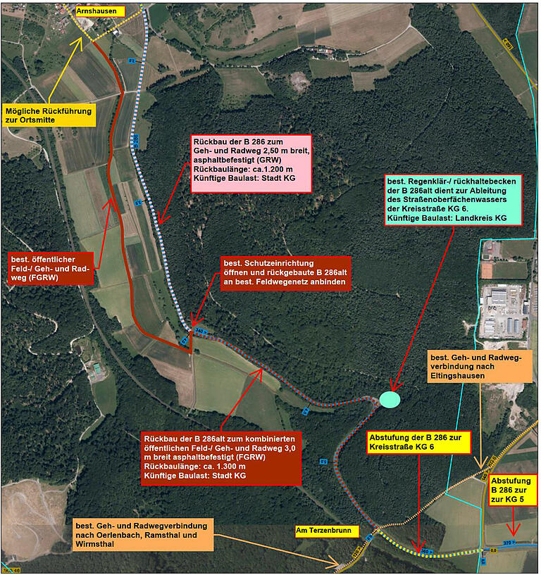Bauoberrat Alexander Schlegel zeigte im jüngsten Bauausschuss der Stadt Bad Kissingen, wie der Rückbau des Teilstücks der B 286 ab Arnshausen geplant ist.
