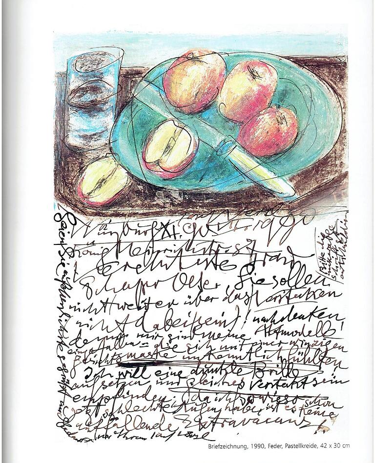 Brief an Barbara Schaper-Oeser mit einer Ölpastell-Zeichnung, in dem Josef Versl schreibt, er wolle sich eine dunkle Brille bei der Eröffnung der Ausstellung zu seinem 90. Geburtstag aufsetzen, um sich dahinter zu verstecken. Brief an Barbara Schaper-Oeser mit einer Ölpastell-Zeichnung, in dem Josef Versl schreibt, er wolle sich eine dunkle Brille bei der Eröffnung der Ausstellung zu seinem 90. Geburtstag aufsetzen, um sich dahinter zu verstecken.