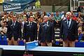 Joachim Car (2. von rechts) und das Schiedsrichterteam beim Tischtennis-Bundesligaspiel des TSV Bad Königshofen gegen den TTC RhönSprudel Fulda-Maberzell am 2. September 2018. Das waren noch Zeiten mit vielen Zuschauern (600) und ohne Mund-Nasenschutz-Bedeckungen.