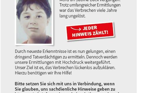 Der Flyer, mit dem die Polizei in Wiesenfeld nach Zeugen im Mordfall Sabine Back suchte.