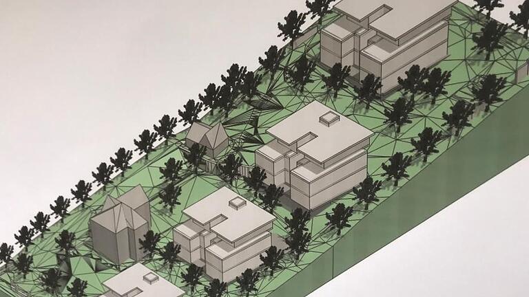 Beim Ortstermin wurde diese Planung von vier Wohngebäuden gezeigt. Links in der Animation sind die zwei bestehenden Häuser zu sehen.&nbsp;Statt vier würfelförmiger Häuser sind jetzt drei rechteckige geplant.&nbsp; Die Baumasse bleibt ungefähr gleich.&nbsp;