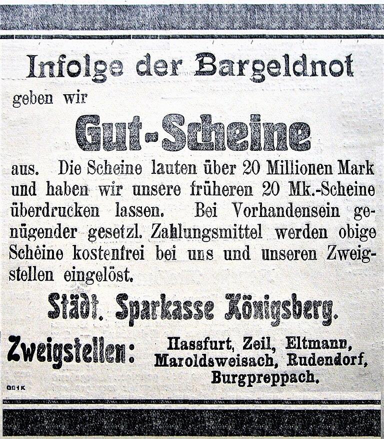 Die Sparkasse Königsberg mit ihren Zweigstellen gab 1923 wegen Bargeldmangels Gutscheine aus und ließ Geldscheine überdrucken. Die Sparkasse Königsberg mit ihren Zweigstellen gab 1923 wegen Bargeldmangels Gutscheine aus und ließ Geldscheine überdrucken.