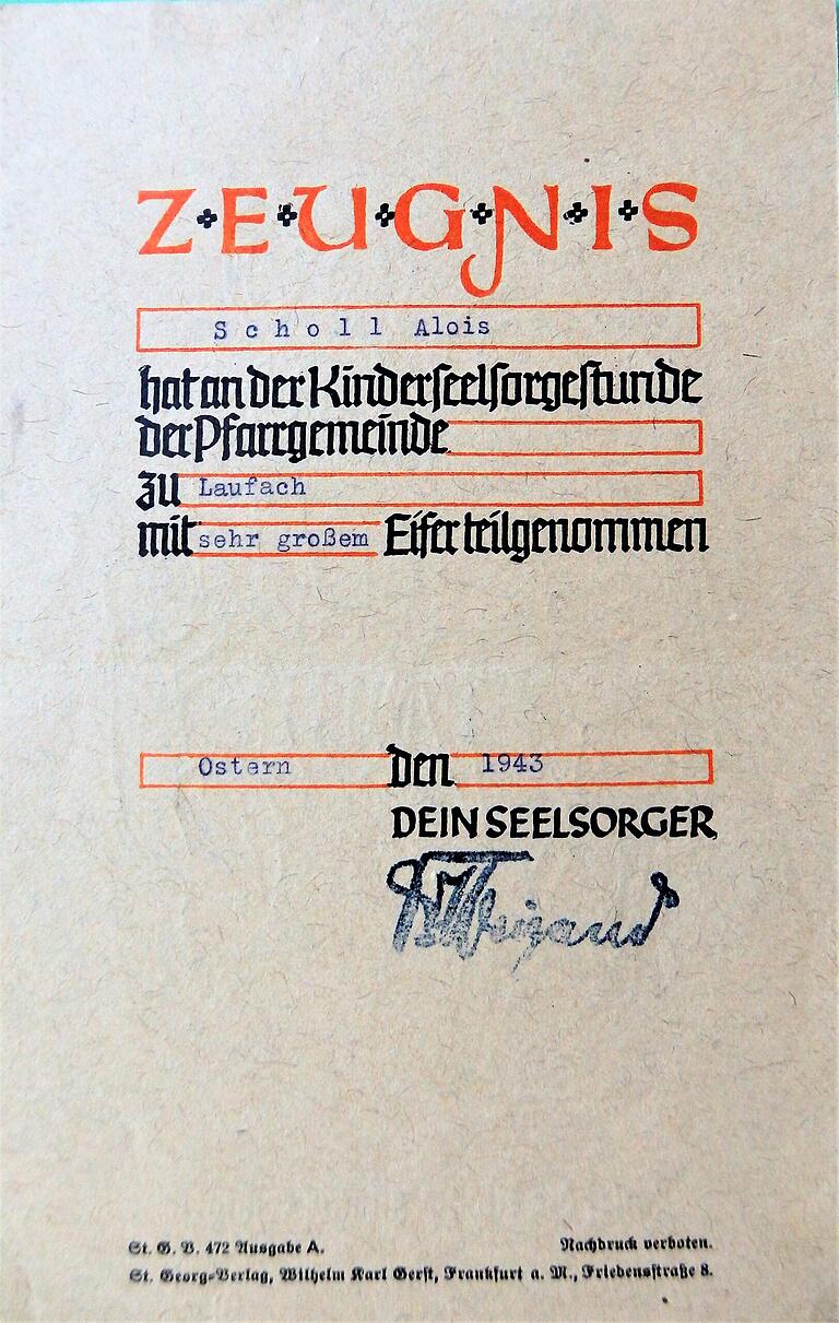 Zeugnis für Alois Scholl: Teilnahme an der Kinderseelsorgestunde Zeugnis für Alois Scholl: Teilnahme an der Kinderseelsorgestunde