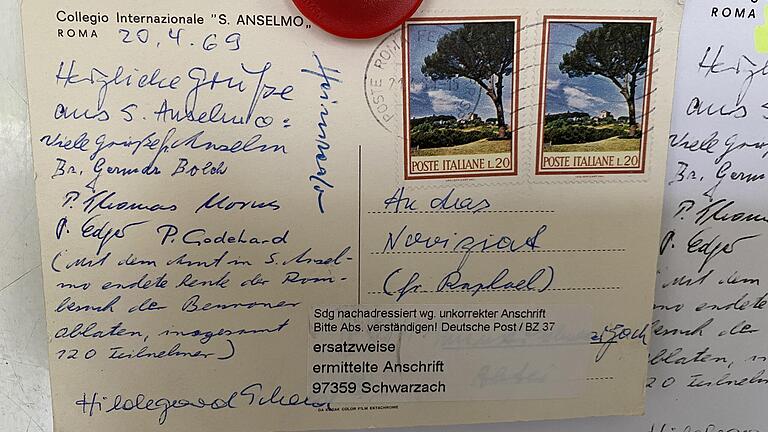 Eine Postkarte aus Sant&#39;Anselmo, dem internationalen Studienhaus des Ordens, brauchte mehr als 51 Jahre, um zur Benediktinerabtei Münsterschwarzach zu gelangen.