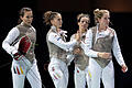 Abklatschen nach dem Gefecht: Anne Sauer, Leonie Ebert, Carolin Golubytskyi und Eva Hampel (von links) wollen als Mannschaft zu den Olympischen Spielen 2020 in Tokio.