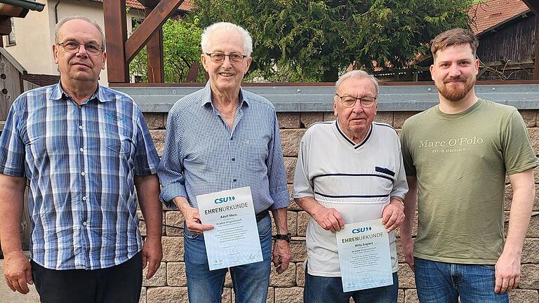 Ehrung für 50 Jahre Mitgliedschaft im CSU-Ortsverband Neuhütten (von links): Edgar Karl (zweiter Vorsitzender) Adolf Merz, Willy Englert und Marcel Durschang (erster Vorsitzender). Ehrung für 50 Jahre Mitgliedschaft im CSU-Ortsverband Neuhütten (von links): Edgar Karl (zweiter Vorsitzender) Adolf Merz, Willy Englert und Marcel Durschang (erster Vorsitzender).