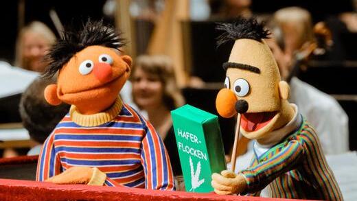 Sesamstraße       -  Ernie und Bert
Ernie mit seiner unverwechselbaren Lache kann eine ganz schöne Nervensäge sein - wenn auch eine liebenswerte. Er will immer alles ganz genau wissen und versucht, den Dingen auf den Grund zu gehen. Wenn er nicht gerade Zeit mit seinem Freund und Mitbewohner Bert verbringt, spielt er gerne mit seinem heißgeliebten Quietscheentchen.
Bert hält sich für äußerst klug und vernünftig. Er lässt sich nicht immer ganz freiwillig auf Ernies verrückte Einfälle ein. Gleichzeitig ist Bert sehr geduldig: Auch wenn Ernie ihn mal wieder reingelegt hat, verzeiht er ihm. Seine Hobbys: Tauben - und Papierschnipsel sammeln.