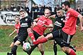 Voller Derby-Einsatz:&nbsp; Ercan Öztürk (FT Schweinfurt, rechts) und Dominik Popp gegen Schwebenrieds Marcel Behr (links, vorne) und Spielertrainer Felix Zoller (Zweiter von rechts), der zum 3:0-Endstand traf.