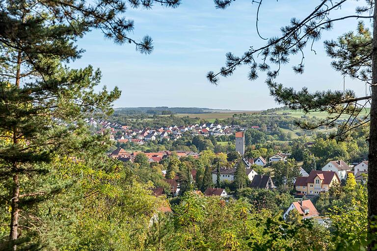 Die letzte Etappe des Weges führt durch den Wald und gewährt diesen Ausblick auf Münnerstadt.&nbsp;