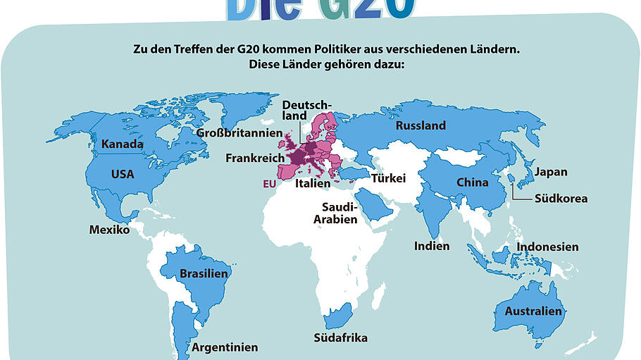 Kindergrafik: Die G20       -  G20: Karte mit Ländern. Grafik: C. Goldammer